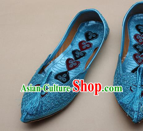 Asian Nepal National Handmade Blue Embroidered Shoes Indian Traditional Folk Dance Leather Shoes for Women