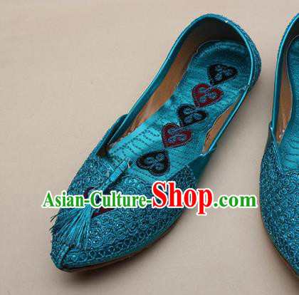 Asian Nepal National Handmade Lake Blue Embroidered Shoes Indian Traditional Folk Dance Leather Shoes for Women