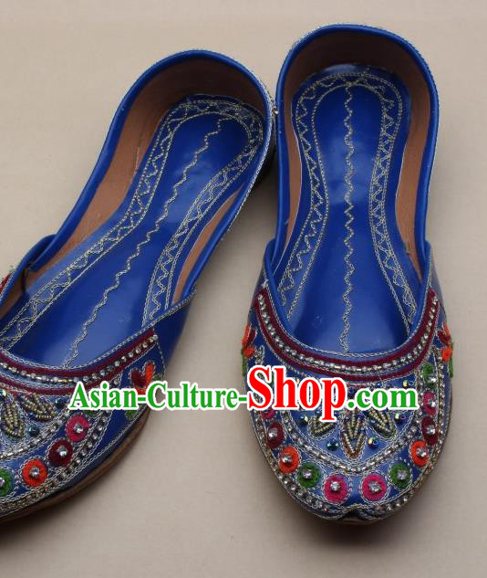 Asian Nepal National Handmade Embroidered Beads Royalblue Shoes Indian Traditional Folk Dance Leather Shoes for Women
