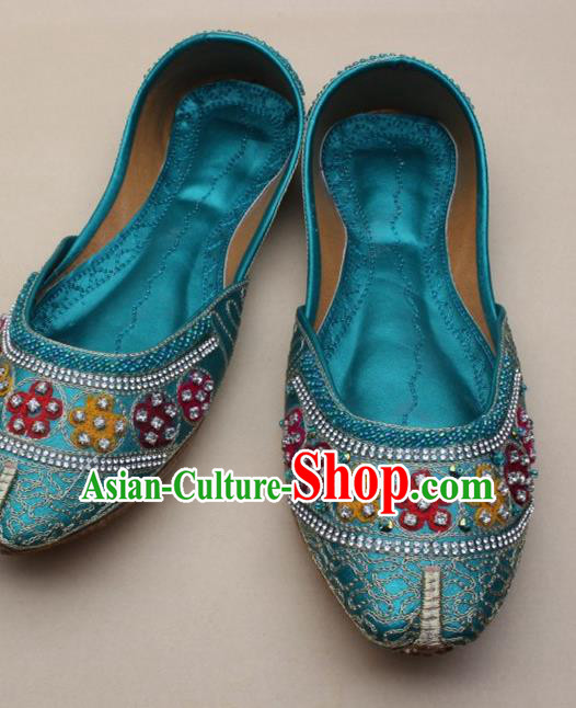 Asian Nepal National Blue Leather Shoes Handmade Indian Traditional Folk Dance Shoes for Women