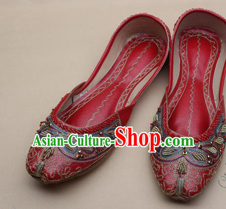 Asian Nepal National Handmade Beaded Red Leather Shoes Indian Traditional Folk Dance Shoes for Women