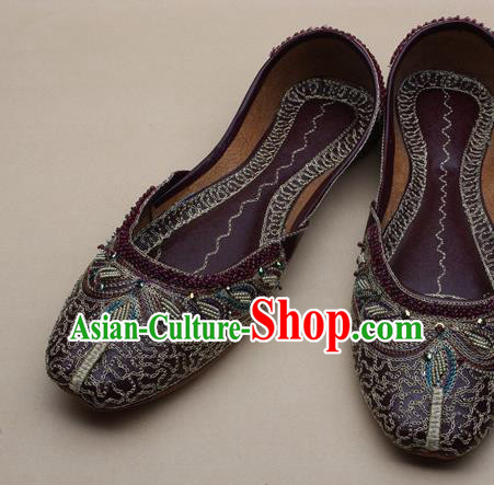 Asian Nepal National Handmade Beaded Dark Red Leather Shoes Indian Traditional Folk Dance Shoes for Women