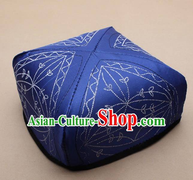 Chinese Traditional Uyghur Minority Blue Silk Hat Ethnic Xinjiang Folk Dance Headwear for Men