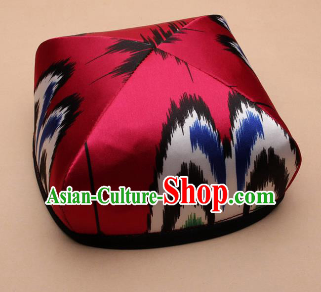 Handmade Chinese Traditional Uyghur Minority Dance Wine Red Hat Ethnic Nationality Headwear for Women