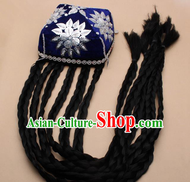 Chinese Traditional Uyghur Minority Dance Braid Paillette Blue Hat Xinjiang Ethnic Nationality Headwear for Women