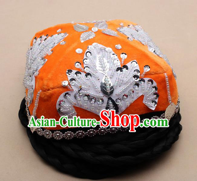 Chinese Traditional Uyghur Minority Dance Braid Paillette Orange Hat Xinjiang Ethnic Nationality Headwear for Women