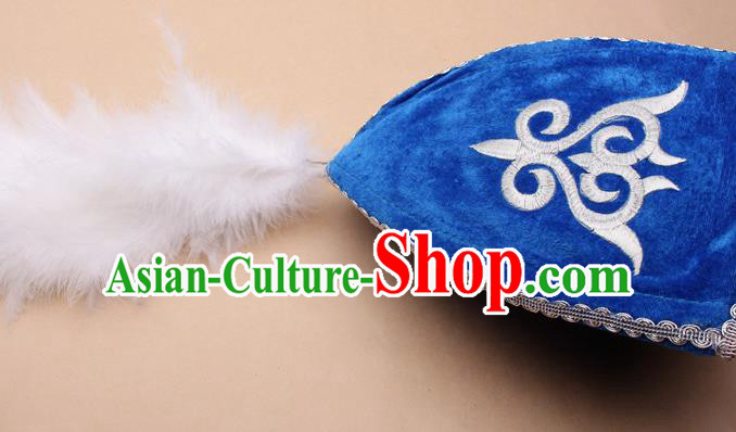 Handmade Chinese Traditional Kazak Minority Feather Blue Hat Ethnic Nationality Folk Dance Headwear for Women