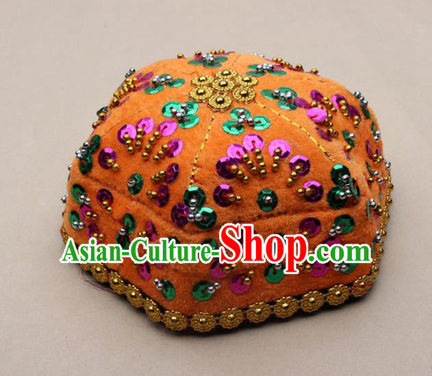 Chinese Traditional Xinjiang Ethnic Dance Paillette Yellow Hexagon Hat Uyghur Minority Nationality Headwear for Kids