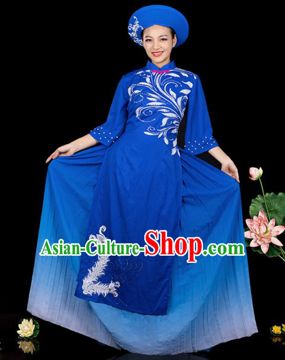 Traditional Chinese Jing Nationality Ha Festival Royalblue Dress Ethnic Folk Dance Stage Show Costume for Women