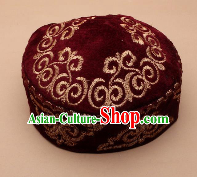 Chinese Traditional Kazak Minority Embroidered Wine Red Velvet Hat Ethnic Xinjiang Stage Show Headwear for Men