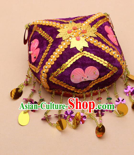 Chinese Traditional Uyghur Minority Embroidered Paillette Purple Hat Ethnic Nationality Folk Dance Stage Show Headwear for Women