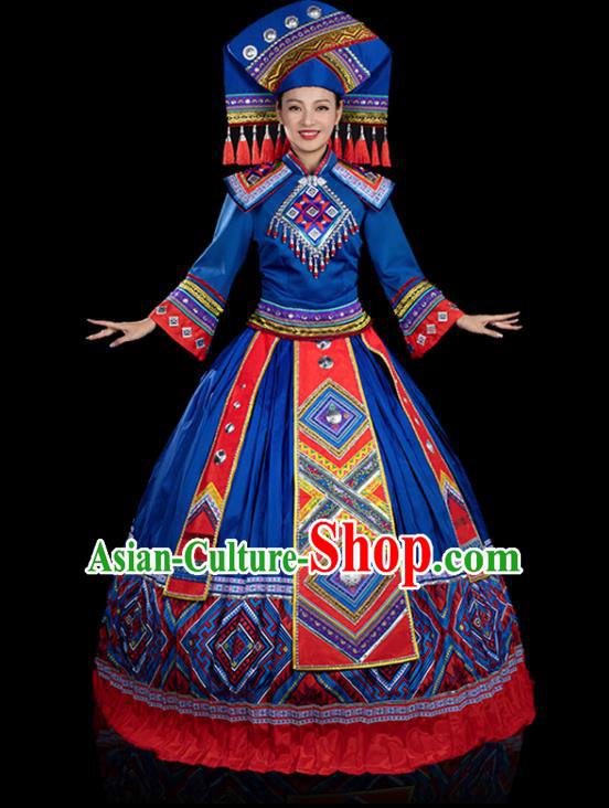 Traditional Chinese Zhuang Nationality Stage Show Royalblue Dress Ethnic Festival Folk Dance Costume for Women