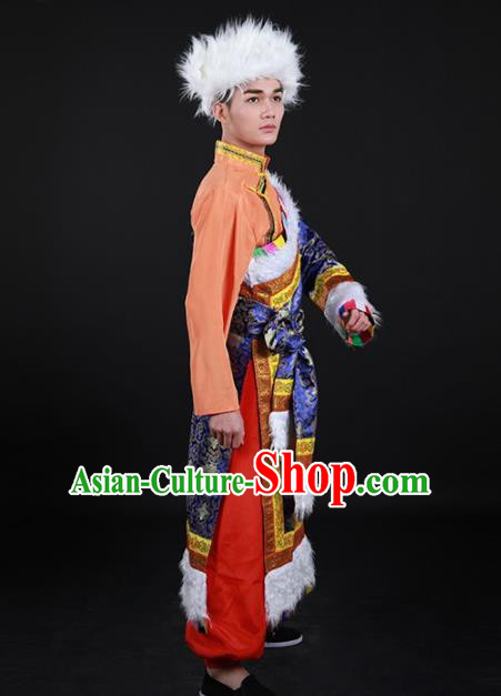 Chinese Traditional Zang Nationality Festival Royalblue Outfits Ethnic Minority Folk Dance Stage Show Costume for Men