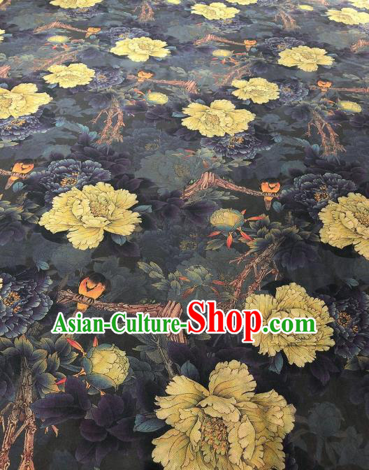 Asian Chinese Classical Peony Pattern Design Black Gambiered Guangdong Gauze Fabric Traditional Silk Material