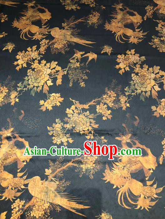 Asian Chinese Classical Flower Birds Pattern Design Black Gambiered Guangdong Gauze Fabric Traditional Silk Material