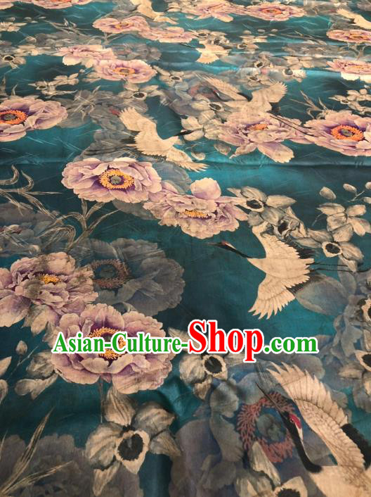 Asian Chinese Classical Crane Peony Pattern Design Peacock Green Gambiered Guangdong Gauze Fabric Traditional Silk Material