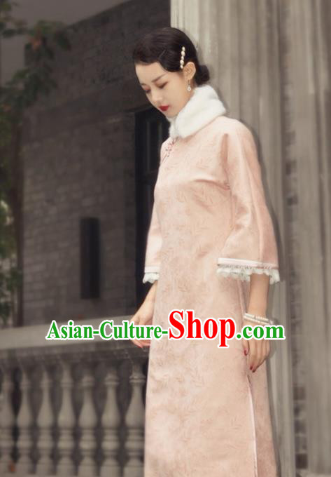Chinese Traditional Peach Pink Cheongsam Costume Republic of China Mandarin Qipao Dress for Women