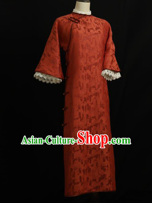 Chinese Traditional Rust Red Cheongsam Costume Republic of China Mandarin Qipao Dress for Women