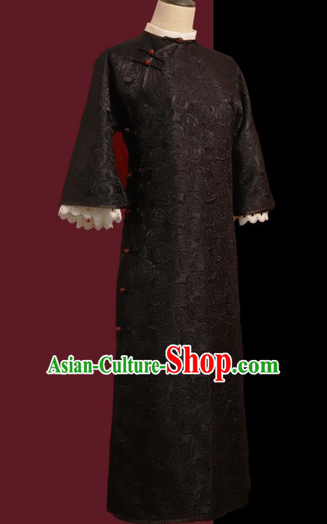 Chinese Traditional Black Cheongsam Costume Republic of China Mandarin Qipao Dress for Women