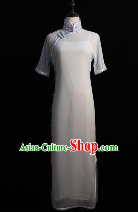Chinese Traditional Light Blue Chiffon Cheongsam Costume Republic of China Mandarin Qipao Dress for Women