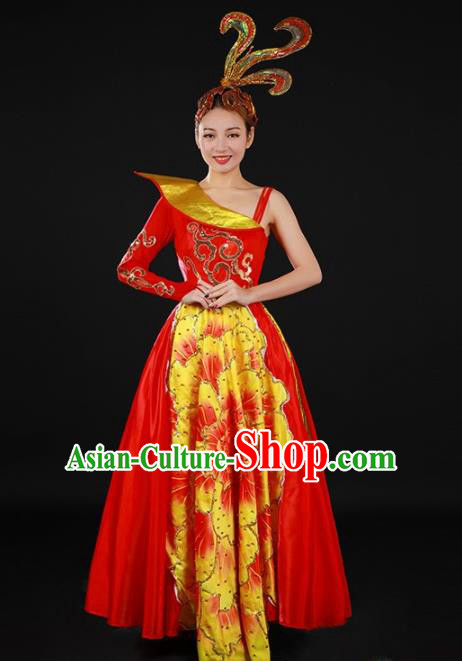 Chinese Spring Festival Gala Classical Dance Red Dress Traditional Chorus Peony Dance Costume for Women