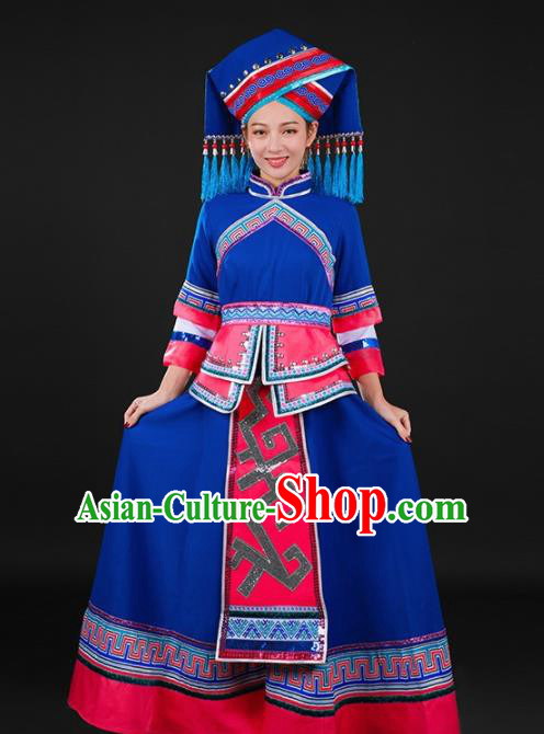 Chinese Traditional Zhuang Nationality Deep Blue Dress Ethnic Minority Folk Dance Stage Show Costume for Women