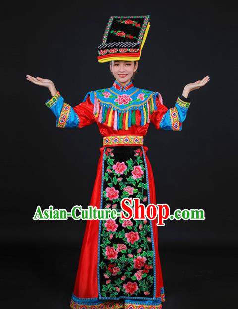 Chinese Traditional Qiang Nationality Stage Show Red Dress Ethnic Minority Folk Dance Costume for Women