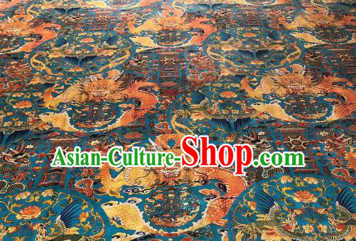 Asian Chinese Traditional Dragon Phoenix Pattern Design Blue Gambiered Guangdong Gauze Fabric Silk Material