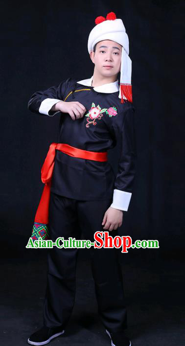 Chinese Traditional Achang Nationality Festival Compere Black Outfits Ethnic Minority Folk Dance Stage Show Costume for Men