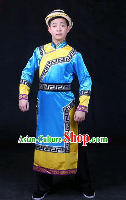 Chinese Traditional Yughur Nationality Festival Compere Blue Outfits Ethnic Minority Folk Dance Stage Show Costume for Men