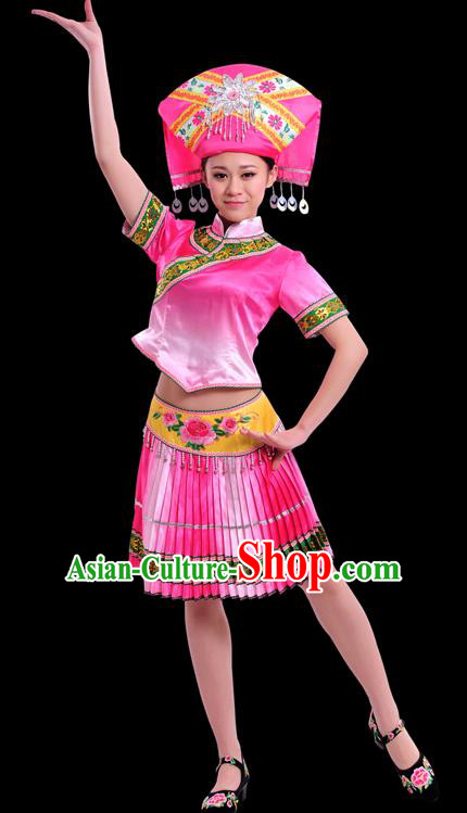 Chinese Traditional Zhuang Nationality Pink Short Dress Ethnic Minority Folk Dance Stage Show Costume for Women