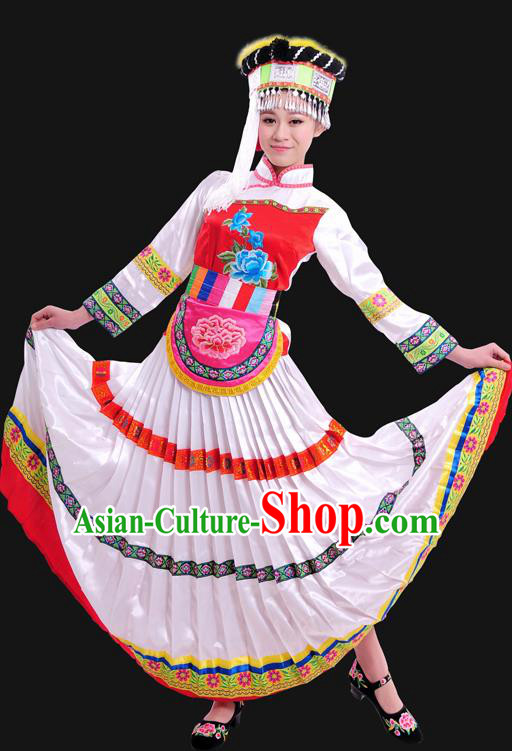 Chinese Traditional Yunnan Lisu Nationality White Dress Ethnic Minority Folk Dance Stage Show Costume for Women