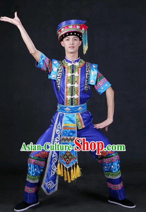 Chinese Traditional Zhuang Nationality Royalblue Outfits Ethnic Minority Folk Dance Stage Show Compere Festival Costume for Men