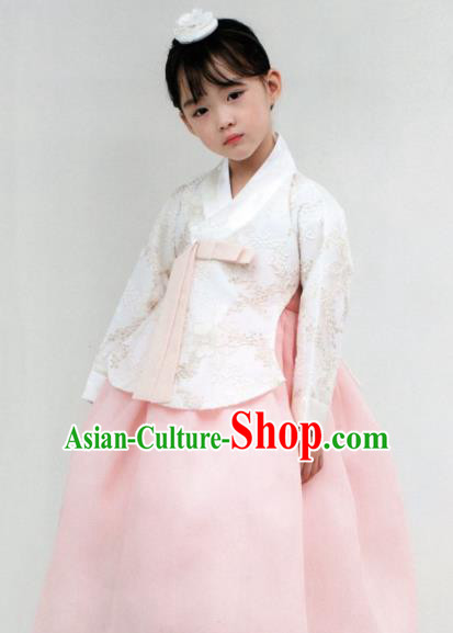 Korean Traditional Hanbok Princess White Blouse and Pink Dress Outfit Asian Korea Fashion Costume for Kids