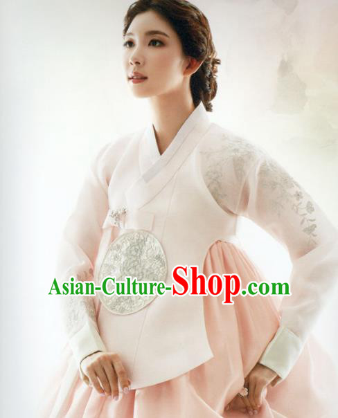 Korean Traditional Hanbok Bride White Blouse and Light Pink Dress Outfits Asian Korea Fashion Costume for Women