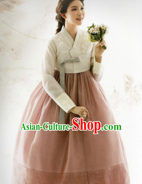 Korean Traditional Hanbok Bride Beige Blouse and Deep Pink Dress Outfits Asian Korea Fashion Costume for Women