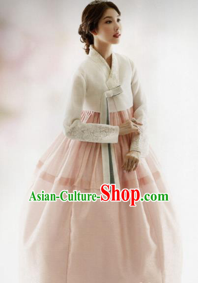 Korean Traditional Hanbok Bride White Blouse and Pink Dress Outfits Asian Korea Fashion Costume for Women