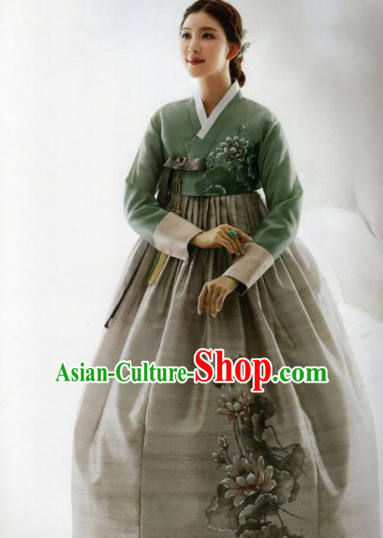 Korean Traditional Hanbok Bride Green Blouse and Printing Lotus Grey Dress Outfits Asian Korea Wedding Fashion Costume for Women