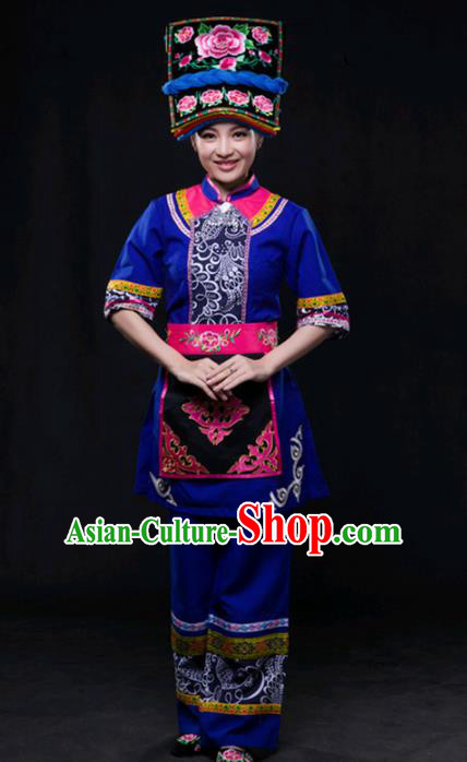 Chinese Traditional Qiang Nationality Deep Blue Outfits Ethnic Minority Folk Dance Stage Show Costume for Women