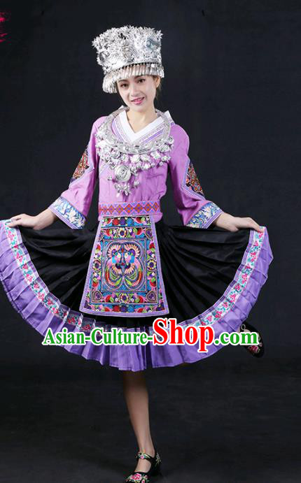 Chinese Traditional Miao Nationality Stage Show Lilac Short Dress Ethnic Minority Folk Dance Costume for Women