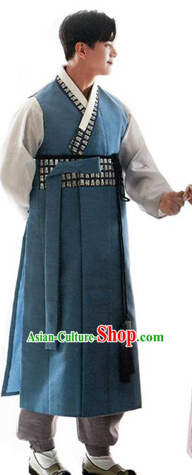 Korean Traditional Blue Hanbok Asian Korea Bridegroom Fashion Costume for Men