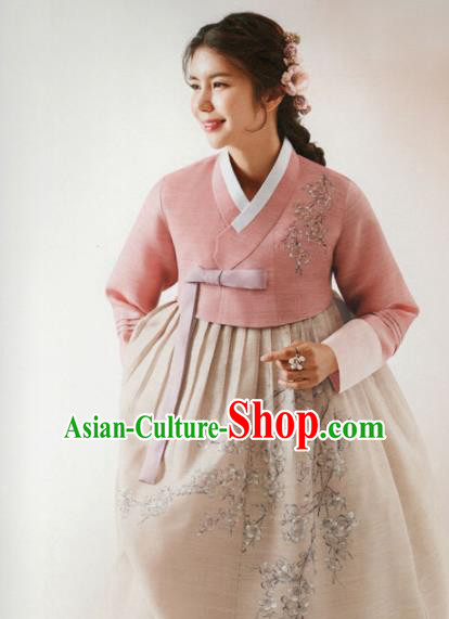 Korean Traditional Hanbok Wedding Mother Embroidered Pink Blouse and Beige Dress Outfits Asian Korea Fashion Costume for Women