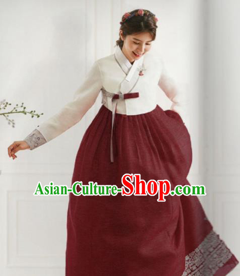 Korean Traditional Hanbok Wedding Bride White Blouse and Purplish Red Dress Outfits Asian Korea Fashion Costume for Women