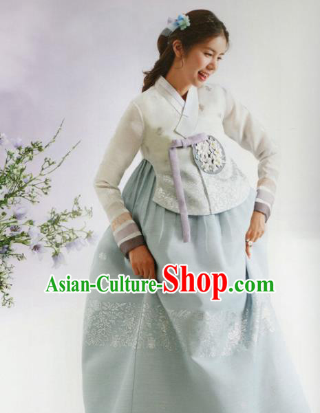 Korean Traditional Hanbok Wedding Bride Embroidered White Blouse and Blue Dress Outfits Asian Korea Fashion Costume for Women