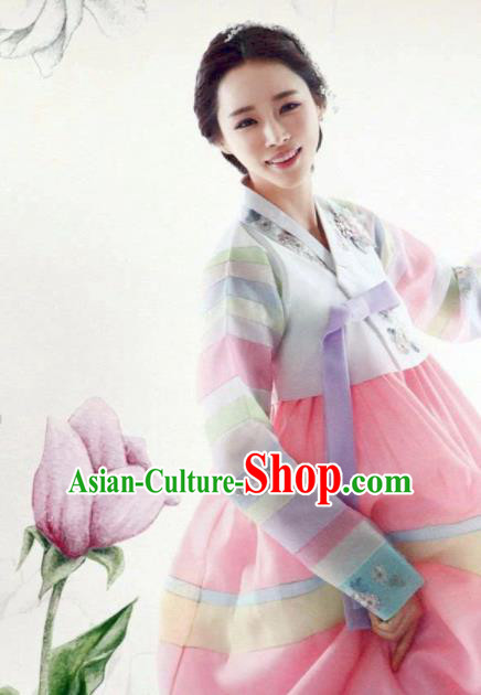 Korean Traditional Hanbok Bride Striped Blouse and Pink Dress Outfits Asian Korea Wedding Fashion Costume for Women