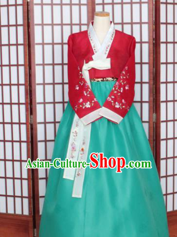 Korean Traditional Hanbok Red Blouse and Green Dress Outfits Asian Korea Wedding Fashion Costume for Women