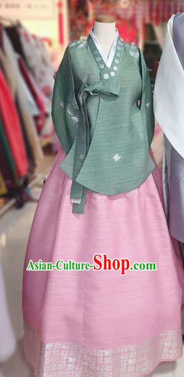 Korean Traditional Hanbok Court Green Blouse and Pink Dress Outfits Asian Korea Fashion Costume for Women