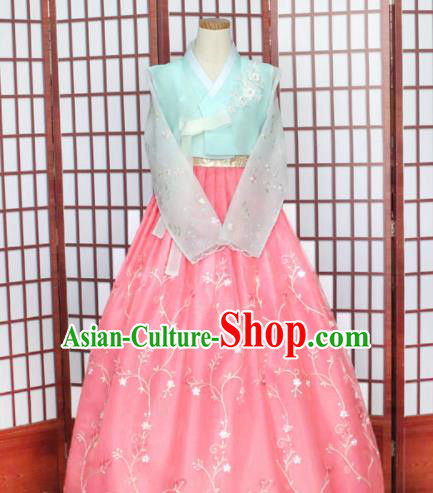 Korean Traditional Hanbok Light Blue Blouse and Pink Dress Outfits Asian Korea Wedding Fashion Costume for Women
