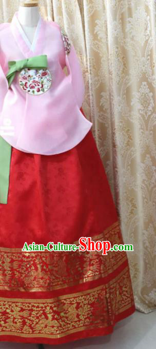 Korean Traditional Garment Hanbok Pink Blouse and Red Dress Outfits Asian Korea Fashion Costume for Women