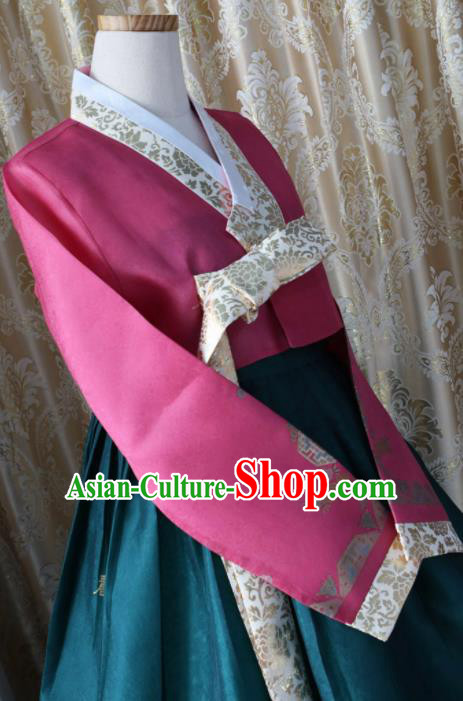 Korean Traditional Garment Hanbok Wine Red Blouse and Green Dress Outfits Asian Korea Fashion Costume for Women